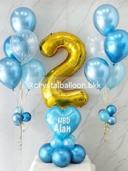 ลูกโป่ง วันเกิดเด็ก ฟอยล์ตัวเลข ขนาด 40" เป่าลอย 1 ชิ้น สีทอง, ลูกโป่งช่อ 5 ลูก 2 ช่อ,ฟอยล์หัวใจตั้งฐาน 1 ชิ้น ธีมสีฟ้า พร้อมตกแต่ง สามารถเปลี่ยนสีลูกโป่ง/เปลี่ยนข้อความได้