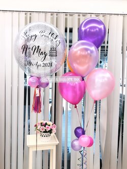 ลูกโป่ง วันเกิด Bubble ขนาด 24" โทนสี ม่วง-ชมพู สะดุดตา พร้อม ช่อลูกโป่ง ช่อ 5 ลูก 1 ช่อ พร้อมตกเเต่ง สามารถเปลี่ยนสีลูกโป่ง/เปลี่ยนข้อความ/เปลี่ยนขนาดได้