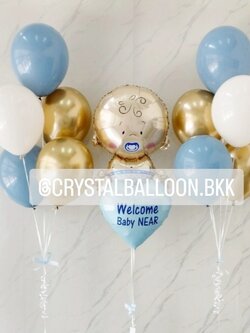 Welcome Baby ลูกโป่งแบบช่อ ลูกโป่งช่อ 5 ลูก 2 ช่อ , ฟอยล์เด็กผู้ชายเป่าลอย 1 ชิ้น ฟอยล์หัวใจ 18" 1 ชิ้น , พร้อมตกแต่ง สามารถเปลี่ยนสีลูกโป่ง/สามารถเพิ่มข้อความที่ลูกโป่งได้