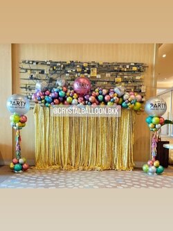 เสาลูกโป่ง เปิดงาน Bubble ขนาด 36" กลิตเตอร์สีเงิน 2 เสา พร้อม Organic+ม่านฟอยล์สีเงิน 6 ชิ้น,ฟอยล์ดิสโก้ 3 ชิ้น พร้อมตกแต่ง สามารถเปลี่ยนสีลูกโป่ง/เปลี่ยนข้อความได้