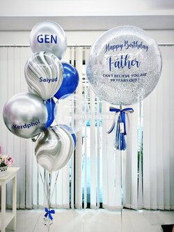 ลูกโป่ง วันเกิด Bubble ขนาด 24" พร้อม ช่อลูกโป่ง ช่อ 7 ลูก 1 ช่อ,ลูกโป่งลายหิน USA 2 ลูก,ลูกโป่งใส ใส่กลิตเตอร์ พร้อมตกเเต่ง สามารถเปลี่ยนสีลูกโป่ง/เปลี่ยนข้อความ/เปลี่ยนขนาดได้