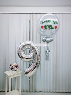ลูกโป่ง วันเกิดเด็ก Bubble ขนาด 24" กลิตเตอร์สีเงิน พร้อม ฟอยล์ตัวเลข ขนาด 40" 1 ชิ้น พร้อมตกเเต่ง สามารถเปลี่ยนสีลูกโป่ง/เปลี่ยนข้อควา/เปลี่ยนขนาด/เปลี่ยนสี-ฟอยล์ตัวเลขได้