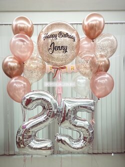 ลูกโป่ง วันเกิด Bubble ขนาด 24" พร้อม ป้ายธง HAPPY BIRTHDAY สีชมพู พร้อม ช่อลูกโป่ง ช่อ 7 ลูก 2 ช่อ,ฟอยล์ตัวเลข ขนาด 40" 2 ตัว พร้อมตกเเต่ง สามารถเปลี่ยนสีลูกโป่ง/เปลี่ยนสี-ฟอยล์ตัวเลข/เปลี่ยนข้อความ/เปลี่ยนขนาดได้
