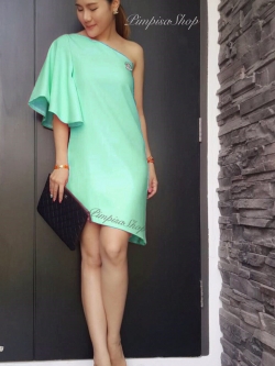 พร้อมส่ง ชุดออกงาน แบบเรียบหรู ปาดไหล่ สีเขียว Mint (สั่งตัด) ใส่ได้ทั้งงานเช้า งานเย็น