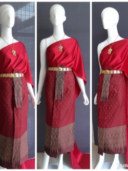 พร้อมส่ง ชุดไทย ชุดเพื่อนเจ้าสาว ชุดไทยผ้าถุงสีแดง สไบเรียบสีแดง