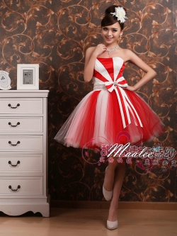 พร้อมส่ง ชุดแฟนซี ชุดราตรีสั้น กระโปรงสุ่ม ลายทางริ้ว เก๋มาก สีแดงขาว