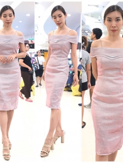 พร้อมเช่า ราตรีสั้น ชุดเดรส ชุดออกงาน เนื้อผ้า glitter ชิมเมอร์ อกพับหัวใจสองชั้น สีชมพู