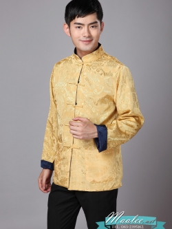 พร้อมส่ง (สินค้าตัวโชว์) ชุดจีน ชาย เสื้อคอจีน ผ้าแพร สีทอง / น้ำเงิน ใส่ได้สองด้าน (XL)