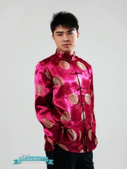 พร้อมส่ง ชุดจีน ชาย เสื้อคอจีน ผ้าไหมจีน ทอลาย สีแดง ไวน์แดง (M,3XL)