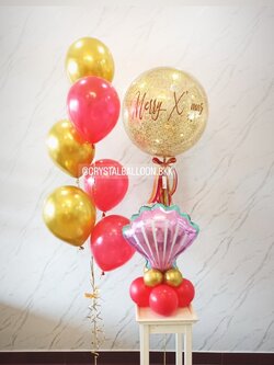 ลูกโป่ง Christmas Bubble ขนาด 24" สีทอง พร้อม ช่อลูกโป่ง 6 ลูก 1 ช่อ พร้อมตกแต่ง ฟอยล์หอย ตั้งฐาน 1 ชิ้น สามารถเปลี่ยนสีลูกโป่ง/เปลี่ยนข้อความ/เปลี่ยนสี-ฟอยล์ตกแต่ง/เปลี่ยนขนาดได้