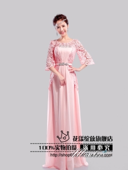 พร้อมเช่า ชุดราตรียาว สีชมพู แขนสามส่วน แต่งลูกไม้ จับเดรปทรงนาฬิกาทราย (L-3XL)