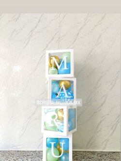 ลูกโป่ง Welcome Baby กล่องใส ขนาด 12" ติดตัวอักษร 4 กล่อง Theme สีฟ้า-เขียว พร้อมตกแต่ง สามารถเปลี่ยนสีลูกโป่ง/เปลี่ยนข้อความได้