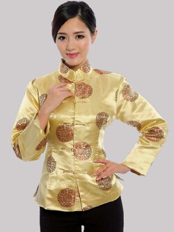 Pre-order เสื้อคอจีน ผู้หญิง ผ้าไหมจีน ทอลาย แขนยาว สีทอง