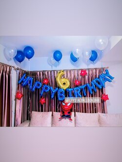 ลูกโป่ง วันเกิดเด็กชาย Theme Spider-Man พร้อม ตัวอักษรสีน้ำเงิน HAPPY BIRTHDAY 13 ตัว,ลูกโป่งลอยฝ้า 10 ลูก,ฟอยล์ตัวเลข 1 ตัว,ฟอยล์ดาว ขนาด 10" 6 ชิ้น พร้อมตกเเต่ง สามารถเปลี่ยนสีลูกโป่ง/เปลี่ยนสี-ฟอยล์ตัวเลข/เปลี่ยนฟอยล์การ์ตูนได้