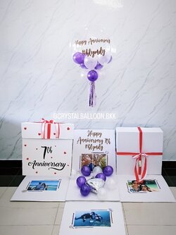 Happy Birthday Surprise Box Bubble USA ขนาด 24" Theme สีม่วง-ขาว พร้อมตกแต่ง สามารถใส่รูปได้ 4 ใบ สามารถเปลี่ยนสีลูกโป่ง/เปลี่ยนข้อความได้