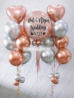 ลูกโป่ง งานแต่ง Bubble ขนาด 24" Theme โรสโกล พร้อมตกแต่ง ช่อลูกโป่งฟอยล์หัวใจ ขนาด 18" 2 ช่อ สามารถเปลี่ยนสีลูกโป่ง/เปลี่ยนข้อความ/เปลี่ยนขนาด/เปลี่ยนฟอยล์ตกแต่งได้