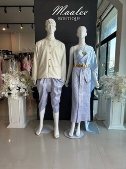 เช่า ชุดไทย ชุดเพื่อนเจ้าสาว ชุดไทยผ้าถุงสีชมพูฟ้าเงิน สไบเรียบสีฟ้า