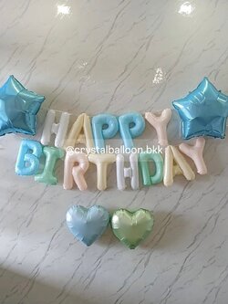 ฟอยล์วันเกิด ฟอยล์ตัวอักษร Happy Birthday ขนาด 16" สีพาสเทลหลากสี 1 ชิ้น พร้อม ฟอยล์ดาว ขนาด 24" 2 ชิ้น สีฟ้า ฟอลย์หัวใจ 18" 2 ชิ้น สีฟ้าพาเทล-สีเขียวพาสเทล พร้อมตกแต่ง สามารถเปลี่ยนสี-ฟอยล์ตัวอักษร/เปลี่ยนฟอยล์ตกแต่งได้