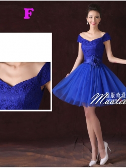 พร้อมเช่า ชุดราตรีสั้น ชุดเพื่อนเจ้าสาว แบบ F ไหล่ปาด อกแต่งลูกไม้ พร้อมเข็มกลัดดอกไม้ (เชือกผูกหลัง )