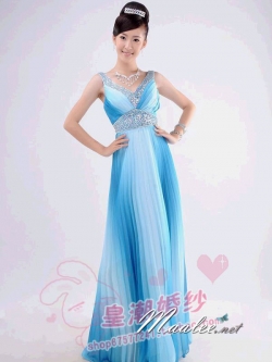 พร้อมส่ง ชุดราตรียาว กระโปรงอัดพลีท สีฟ้าขาวทูโทนไล่สี ผ้าชีฟองใส่สบาย ปักเลื่อมสวย