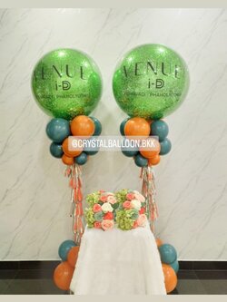 เสาลูกโป่ง เปิดงาน Bubble ขนาด 36" กลิตเตอร์สีเขียว 2 เสา พร้อม Artificial Flower ประดับโต๊ะ 4 ช่อ พร้อมตกแต่ง สามารถเปลี่ยนสีลูกโป่ง/เปลี่ยนข้อความ/เปลี่ยนสี-ดอกไม้ได้