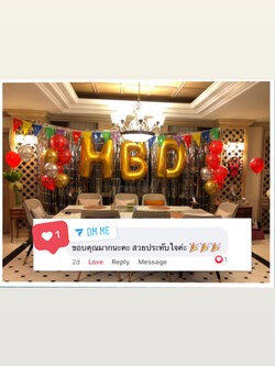 ลูกโป่ง วันเกิด ฟอยล์ตัวอักษร HBD ขนาด 40" ตัวอักษรสีทอง พร้อม ลูกโป่งลอยฝ้า,ช่อลูกโป่ง 2 ช่อ,ม่านฟอยล์ 5 ชิ้น (สามารถจัดได้ตามงบ) พร้อมตกเเต่ง สามารถเปลี่ยนสีลูกโป่ง/เปลี่ยนสี-ฟอยล์ตัวอักษรได้