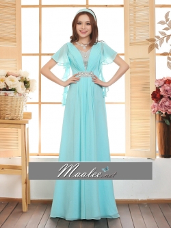 พร้อมเช่า ชุดราตรียาว สีฟ้า ผ้าชีฟอง จอเจีย แขนระบาย ทิ้งชายสวย