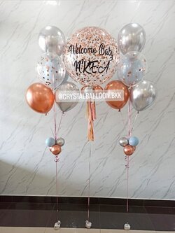 ลูกโป่ง Welcome Baby Bubble ขนาด 24" Confetti สีโรสโกลด์ พร้อมตกแต่ง ช่อลูกโป่งโครเมี่ยม ช่อ 5 ลูก 2 ช่อ ลูกโป่งใส ใส่Confetti สามารถเปลี่ยนสีลูกโป่ง/เปลี่ยนข้อความ/เปลี่ยนขนาดได้