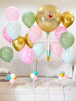 ลูกโป่ง Welcome Baby Bubble ขนาด 24" สีทอง พร้อมตกแต่ง ช่อลูกโป่ง 5 ลูก 3 ช่อ,ลูกโป่งลายจุด สามารถเปลี่ยนสีลูกโป่ง/เปลี่ยนข้อความ/เปลี่ยนขนาดได้