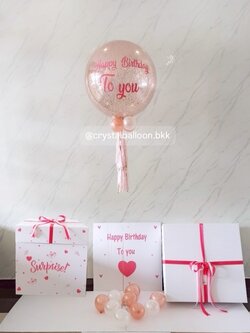 Happy Birthday Surprise Box กล่องเซอร์ไพรส์วันเกิด Bubble ขนาด 24" กลิตเตอร์สีโรสโกล พร้อมตกแต่ง สามารถใส่รูปได้ 4 ใบ สามารถเปลี่ยนสีลูกโป่ง/เปลี่ยนข้อความได้