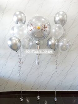 ลูกโป่ง แสดงความยินดี Bubble ขนาด 24" สีเงิน พร้อม ช่อลูกโป่ง ช่อ 5 ลูก 2 ช่อ,ลูกโป่งใส ใส่กลิตเตอร์ พร้อมตกเเต่ง สามารถเปลี่ยนสีลูกโป่ง/เปลี่ยนข้อความ/เปลี่ยนขนาดได้