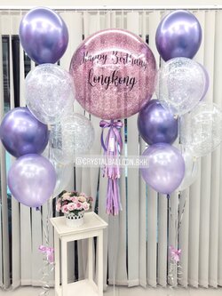 ลูกโป่ง วันเกิด Bubble ขนาด 24" Theme สีม่วง พร้อม ช่อลูกโป่ง ช่อ 7 ลูก 2 ช่อ,ลูกโป่งใส ใส่กลิตเตอร์ พร้อมตกเเต่ง สามารถเปลี่ยนสีลูกโป่ง/เปลี่ยนข้อความ/เปลี่ยนขนาดได้