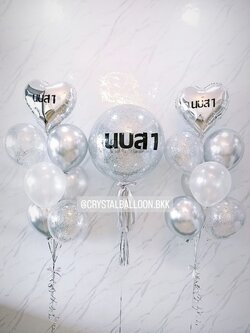 ลูกโป่ง งานเลี้ยงรุ่น Bubble ขนาด 24" Theme เงิน พร้อม ช่อลูกโป่ง ฟอยล์หัวใจ ขนาด 18" 2 ช่อ,ลูกโป่งใส ใส่กลิตเตอร์ พร้อมตกเเต่ง สามารถเปลี่ยนสีลูกโป่ง/เปลี่ยนนข้อความ/เปลี่ยนขนาด/เปลี่ยนฟอยล์ตกแต่งได้