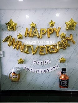 ลูกโป่ง วันครบรอบ ฟอยล์ตัวอักษร Happy Anniversary ขนาด 16" สีทอง พร้อม ป้ายธง Happy Anniversary พร้อมตกแต่ง ฟอยล์ตกแต่ง 2 ชิ้น,ฟอยล์ดาว 5" 6 ชิ้น,ฟอยล์ดาว 24" 2 ชิ้น สามารเปลี่ยนสี-ฟอยล์ตกแต่ง/เปลี่ยนสี-ฟอยล์ตัวอักษร/เปลี่ยนสี-ป้ายธงได้