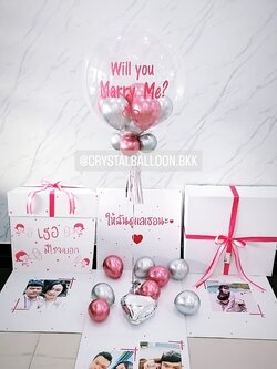 Surprise Box Will You Marry Me? Bubble USA 24'' Theme สีชมพู พร้อมตกแต่ง สามารถใส่รูปได้ 4 รูป สามารถเปลี่ยนสี/เปลี่ยนข้อความได้