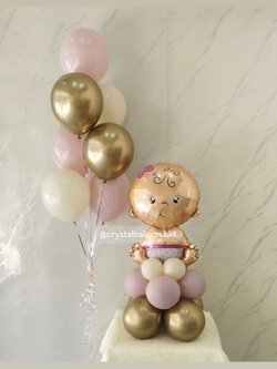 ลูกโป่ง Welcome Baby Girl ฟอยล์เด็กผญ. ตั้งฐาน 1 ชิ้น ช่อลูกโป่ง ช่อ 7 ลูก 1 ช่อ สีคาเมเลียโครเมียม/Sand/Dusk Pink พร้อมตกแต่ง สามารถเปลี่ยนสีลูกโป่ง/เปลี่ยนฟอยล์ตกแต่งได้