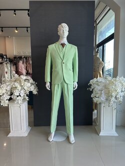 พร้อมเช่า ชุดสูทชาย สีเขียวพาสเทล 1 กระดุม (พร้อมเสื้อกั๊ก) ผ้า Cotton twill 100% ทอลายในตัว