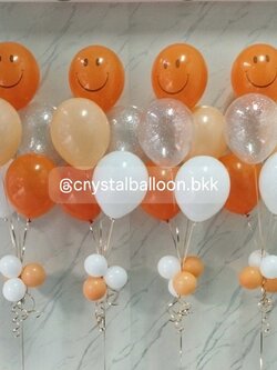 ลูกโป่ง แสดงความยินดี ช่อลูกโป่งสีส้มหน้ายิ้ม ช่อ 5 ลูก 4 ช่อ พร้อมตกแต่ง ลูกโป่งใส ใส่ กลิตเตอร์ 1 ลูก สามารถเปลี่ยนสีลูกโป่งได้