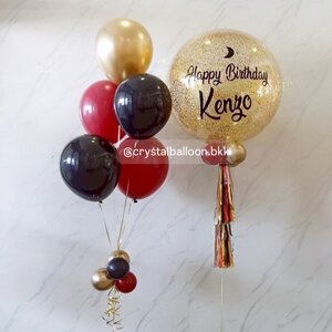 ลูกโป่งวันเกิด Bubble ขนาด 24" กลิตเตอร์สีทอง พร้อมลูกโป่งช่อ 5 ลูก 1 ช่อ Theme แดง - ดำ - ทอง พร้อมตกแต่ง สามารถเปลี่ยนสีลูกโป่ง/้เปลี่ยนข้อความ/เปลี่ยนขนาดลูกโป่งได้