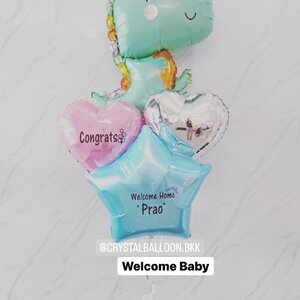 ลูกโป่ง Welcome Baby Theme ไดโนเสาร์ ตัวใหญ่ สีเขียว Anagram พร้อมตกแต่ง ฟอยล์ดาว ขนาด 24" 1 ชิ้น ฟอยล์หัวใจ ขนาด18" 2 ชิ้น สามารถเปลี่ยนสีลูกโป่ง/เปลี่ยนฟอยล์การ์ตูน/เปลี่ยนตกแต่งได้