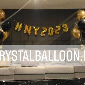 ลูกโป่ง New Year ช่อลูกโป่ง 5 ลูก 4 ช่อ Theme ดำ-ทอง พร้อมตกแต่ง ลูกโป่งใส ใส่ Confetti,ฟอยล์ตัวอักษร ขนาด 16" 7 ตัวอักษร สามารถเปลี่ยนสีลูกโป่ง/เปลี่ยนสี-ฟอยล์ตัวอักษรได้