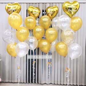 ลูกโป่ง วันเกิด ช่อลูกโป่งฟอยล์หัวใจ ขนาด 18" Theme สีทอง พร้อม ลูกโป่ง ช่อ 7 ลูก 4 ช่อ,ลูกโป่งใส ใส่กลิตเตอร์ พร้อมตกเเต่ง สามารถเปลี่ยนสีลูกโป่ง/เปลี่ยนสี-ฟอยล์หัวใจ/เปลี่ยนข้อความได้