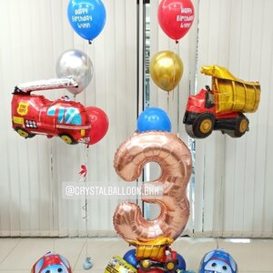 ลูกโป่ง วันเกิดเด็ก Theme รถ หลากหลาย พร้อม ช่อลูกโป่ง 3 ลูก 2 ช่อ พร้อมตกแต่ง ฟอยล์รถใหญ่ 2 ชิ้น,ฟอยล์รถแข่ง 2 ชิ้น,ฟอยล์ตัวเลข ขนาด 40" ตั้งฐาน 1 ชิ้น สามารถเปลี่ยนสีลูกโป่ง/เปลี่ยนข้อความ/เปลี่ยน Theme ได้