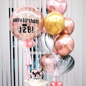 ลูกโ่ป่ง วันเกิด Bubble ขนาด 24" สีโรสโกล พร้อม ช่อลูกโป่ง ช่อ 10 ลูก 1 ช่อ,ลูกโป่งลายหิน USA 2 ลูก,ลูกโป่งใส ใส่กลิตเตอร์,ฟอยล์หัวใจ ขนาด 18" 1 ชิ้น พร้อมตกเเต่ง สามารถเปลี่ยนสีลูกโป่ง/เปลี่ยนฟอยล์ตกแต่ง/เปลี่ยนข้อความ/เปลี่ยนขนาดได้