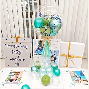 Happy Birthday Surprise Box กล่องเซอร์ไพรส์วันเกิด Bubble USA ขนาด 24" Theme สีเขียว พร้อมตกแต่ง สามารถใส่รูปได้ 4 ใบ สามารถเปลี่ยนสีลูกโป่ง/เปลี่ยนข้อความได้