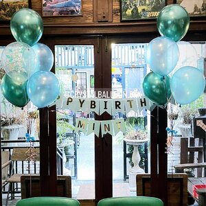 ลูกโป่ง วันเกิด ช่อลูกโป่ง ช่อ 5 ลูก 2 ช่อ Theme เขียว พร้อม ป้ายธง Happy Birthday พร้อม ป้ายธง 4 ตัวอักษร,ลูกโป่งใส ใส่กลิตเตอร์ พร้อมตกเเต่ง สามารถเปลี่ยนสีลูกโป่ง/เปลี่ยนสี-ป้ายธงได้