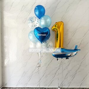 ลูกโป่ง วันเกิดเด็ก ช่อลูกโป่งฟอยล์หัวใจ ขนาด 18" ช่อ 10 ลูก 1 ช่อ Theme น้ำเงิน-ฟ้า พร้อมตกแต่ง ฟอยล์ตัวเลข ขนาด 40" 1 ชิ้น,ฟอยล์เครื่องบิน 1 ชิ้น สามารถเปลี่ยนสีลูกโป่ง/เปลี่ยนข้อความ/เปลี่ยนสี-ฟอยล์ตัวเลข/เปลี่ยนฟอยล์ตกแต่งได้
