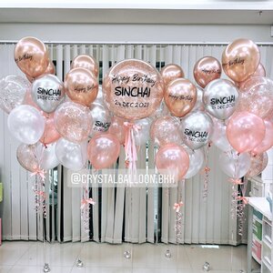 ลูกโป่ง วันเกิด Bubble ขนาด 24" Theme สีโรสโกล-เงิน พร้อม ช่อลูกโป่ง ช่อ 7 ลูก 2 ช่อ,ช่อลูกโป่ง ช่อ 5 ลูก 8 ช่อ,ลูกโป่งใส ใส่กลิตเตอร์ พร้อมตกเเต่ง สามารถเปลี่ยนสีลูกโป่ง/เปลี่ยนข้อความ/เปลี่ยนขนาดได้