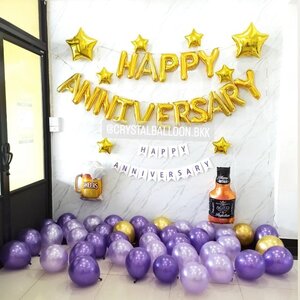 ลูกโป่ง วันครบรอบ ฟอยล์ตัวอักษร Happy Anniversary ขนาด 16" Theme สีทอง-สีม่วง ลูกโป่งโปรยพื้น 40 ลูก พร้อมตกแต่ง ป้ายธง Happy Anniversary,ฟอยล์ตกแต่ง 2 ชิ้น,ฟอยล์ดาว 5" 6 ชิ้น,ฟอยล์ดาว 24" 2 ชิ้น สามารถเปลี่ยนสีลูกโป่ง/เปลี่ยนฟอยล์/เปลี่ยนส