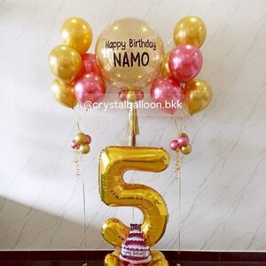 ลูกโป่ง วันเกิด Bubble ขนาด 24" สีกลิตเตอร์ทอง พร้อม ช่อลูกโป่ง ช่อ 5 ลูก 2 ช่อ ฟอยล์ตัวเลข ขนาด 40" สีทอง ตั้งฐาน 1 ชิ้น Theme ชมพู - ทอง พร้อมตกแต่ง สามารถเปลี่ยนสีลูกโป่ง/เปลี่ยนข้อความ/เปลี่ยนขนาดไ